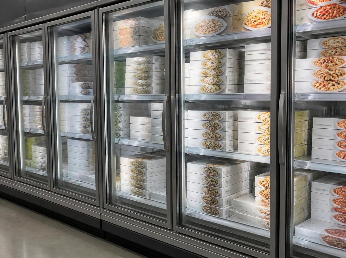 Glass-door freezer cabinets stocked with packaged frozen meals