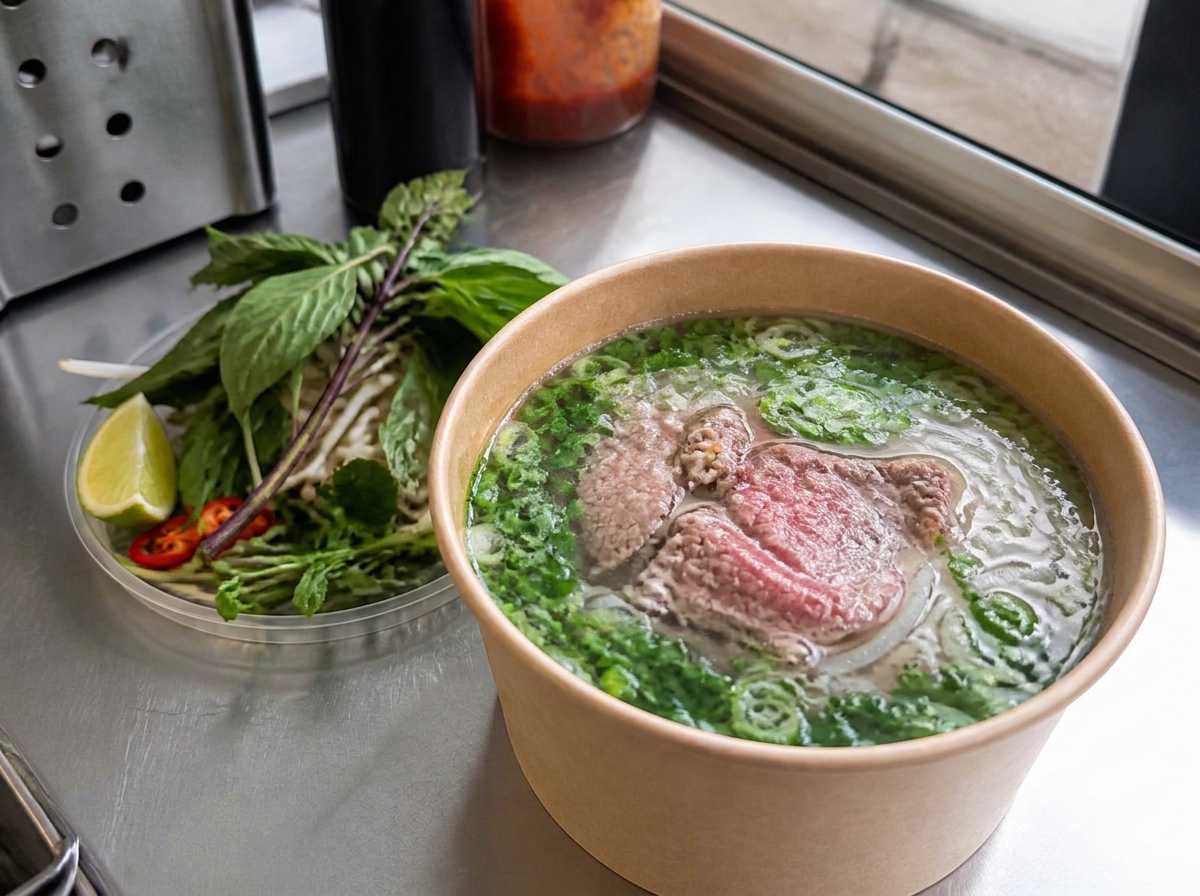 A bowl of phở served in a takeaway bowl on a stainless steel counter