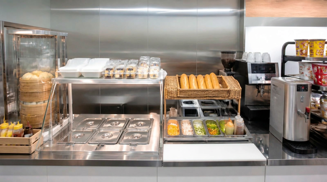 Hot counter with steamer, warming wells, banh mi prep station and coffee machine