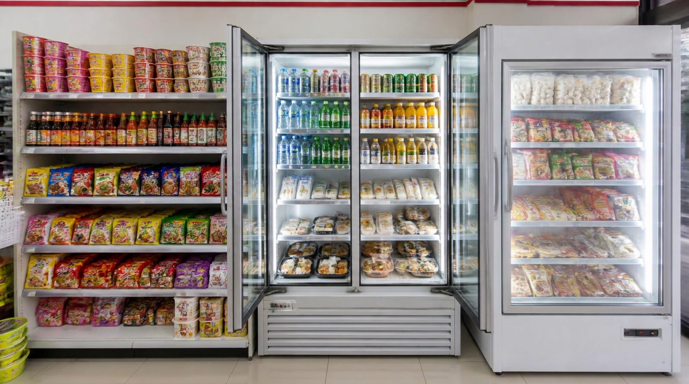Dry goods shelf beside a drinks chiller and an upright freezer of packaged meals