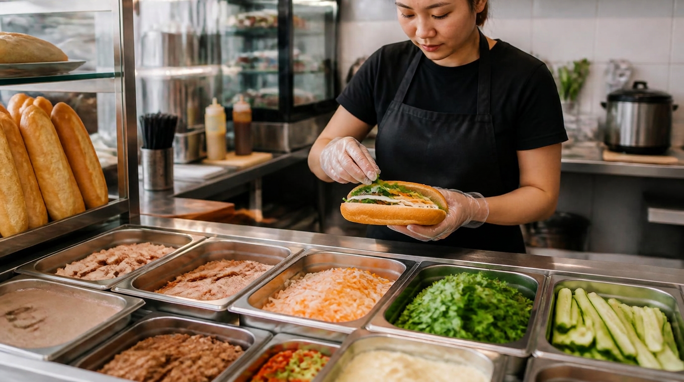 Bánh mì counter with fresh baguettes and prepared ingredients