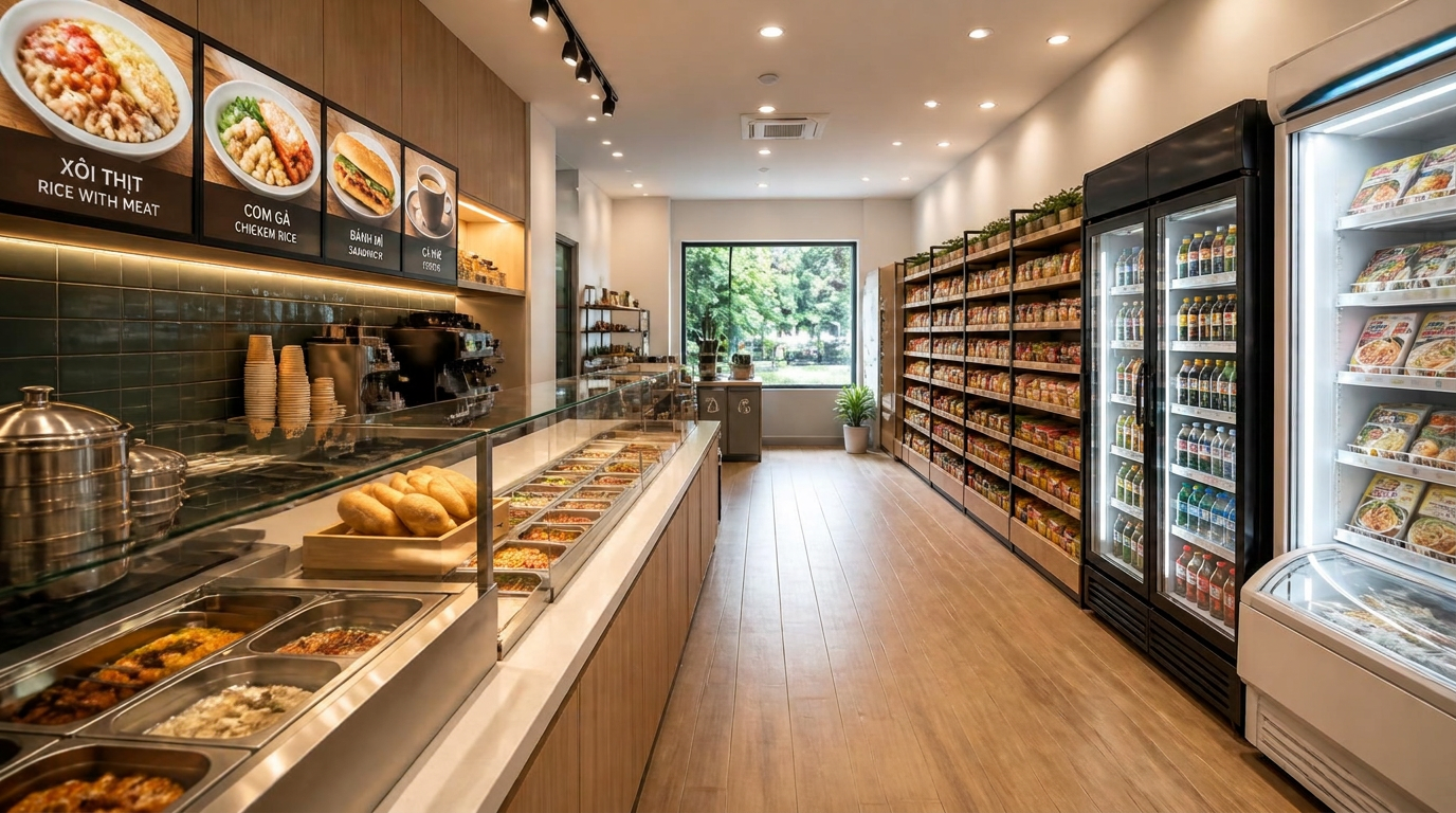 A small-town convenience store with a hot food counter and retail aisles